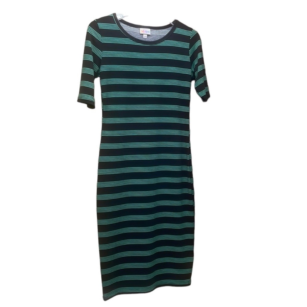 Soft LuLaRoe Mid Length Tee Shirt Dress Blue And Green Striped Size XS